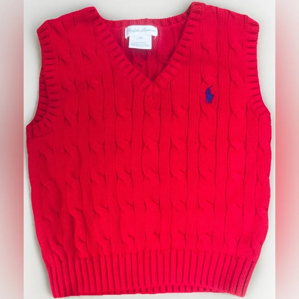 Ralph Lauren red V-Neck Pullover Cable Knit Sweater Vest Size: 18 Months. NWOT - Picture 1 of 6